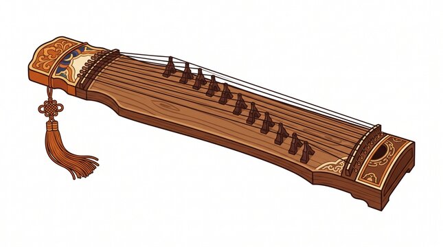 Traditional Chinese Guzheng zither, wooden plucked string instrument with silk tassel, classical oriental music equipment on white background