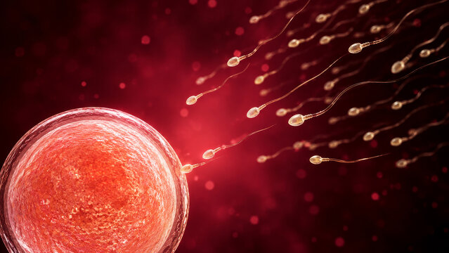 Human egg cell and sperm approach ovum for fertilization, reproductive medicine, IVF fertility treatment and conception.