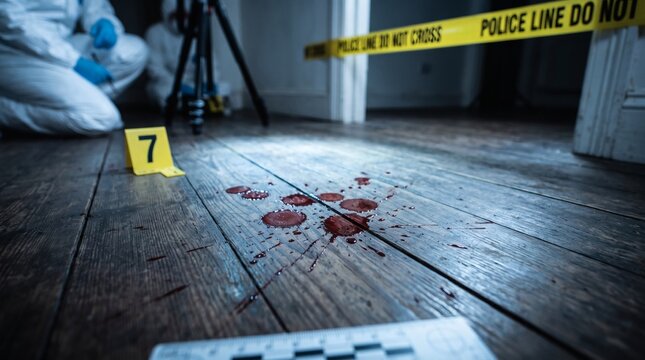 Crime scene investigation with police tape and evidence markers on wooden floor.