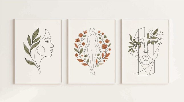 Minimalist vector line art set depicting elegant feminine faces and botanical silhouettes rendered in simple modern earth tone aesthetic styles