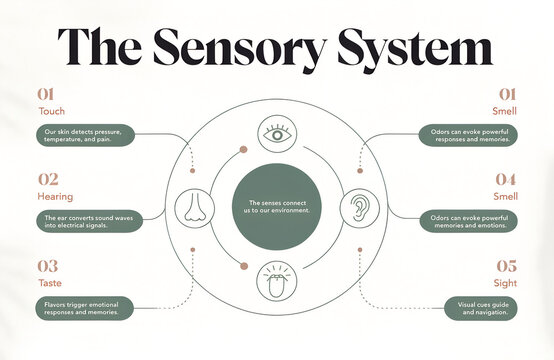Educational infographic illustrating the human sensory system with five senses including touch hearing taste smell and sight connected to brain perception functions generated ai