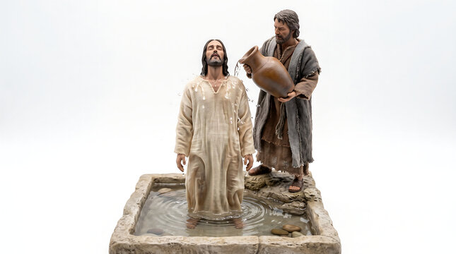 Detailed religious sculpture of John the Baptist baptizing Jesus in a stone pool set against a clean white background for religious educational materials, church brochures, and spiritual web design.