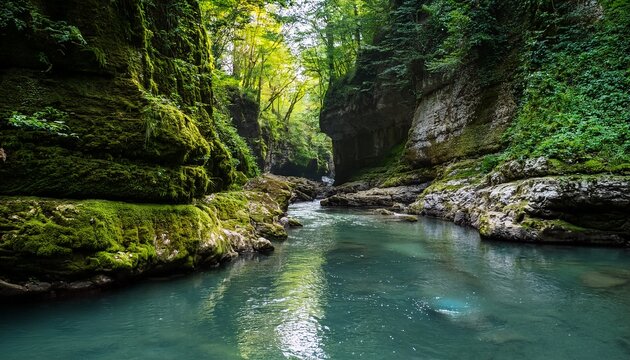 martvili canyon in georgia features stunning rock formations covered in vibrant green moss creating a picturesque scene along the abasha river with clear water flowing through the canyon