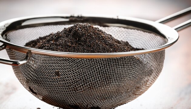 metal mesh strainer filled with dark fine grained substance grime metal