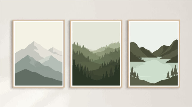 Minimalist vector landscape triptych wall art set featuring layered mountain ranges dense pine forests and peaceful lake reflection graphic designs
