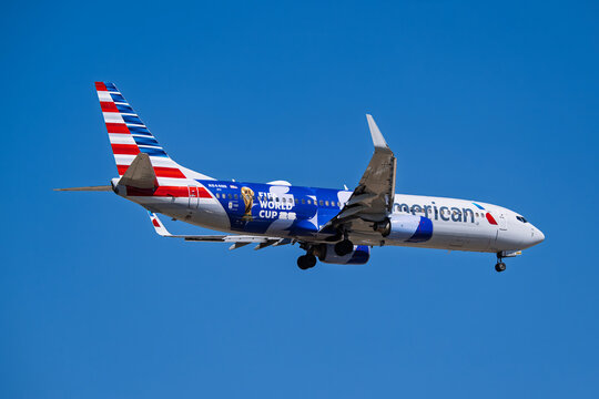 DFW International Airport 7-27-2026 Grapevine, TX USAAmerican Airlines Boeing 737-800 N844NN FIFA World Cup 2026 livery arrival into runway 17C at DFW International Airport