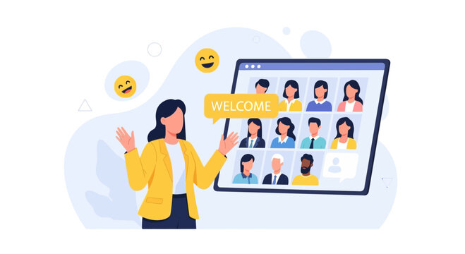 Woman Welcoming Diverse Participants to Online Video Conference Call with Emojis