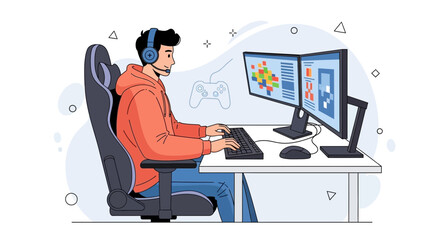 Fototapeta premium Young man with headphones playing video games on a dual monitor setup, illustrated in a modern flat style