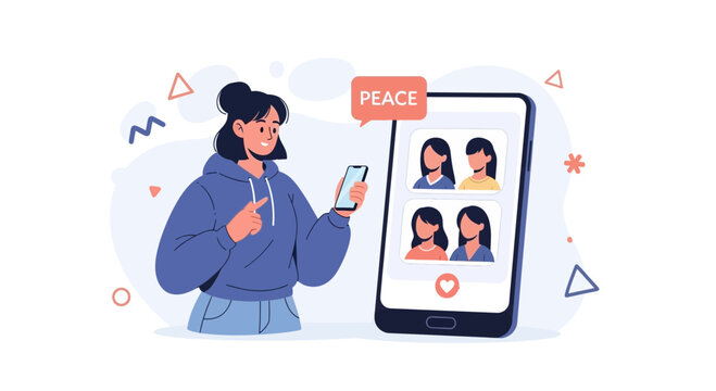 Young woman using smartphone with dating app showing profiles, promoting peace and connection