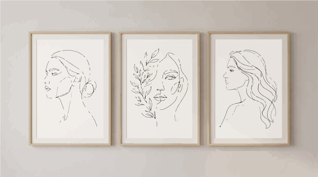 Minimalist line art vector illustration featuring three elegant portraits of women displayed in wooden frames on a beige neutral wall