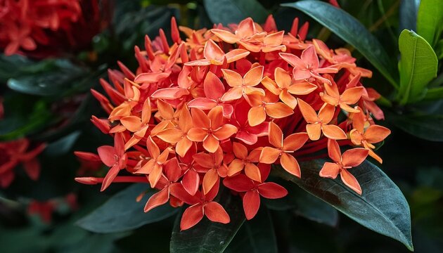 vibrant orange red ixora flower cluster with intricate details and realistic texture home decor