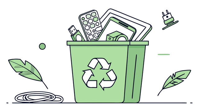 Vector illustration of green electronic waste recycling bin filled with old gadgets smartphones tablet remote control cables isolated on white background