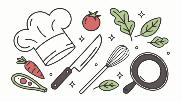 Vector clipart set of kitchen utensils chef hat knife whisk frying pan vegetables isolated on white background