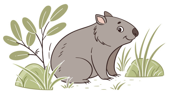 Vector illustration of cute brown wombat sitting near eucalyptus bush and grass isolated on white background