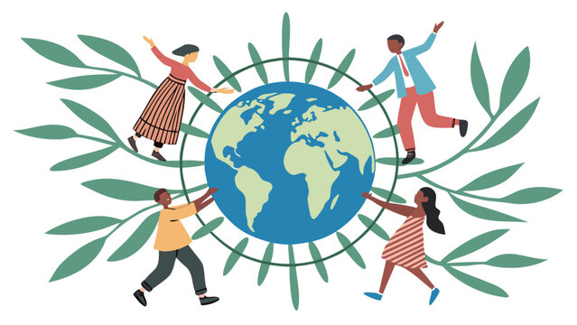 Vector illustration of diverse people around planet Earth globe with olive leaves background isolated on white background