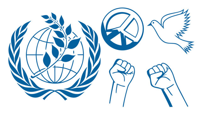 Vector clipart set of peace symbols world globe olive branch peace sign flying dove raised fists isolated on white background