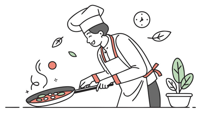 Vector illustration of chef in apron and hat cooking food on frying pan isolated on white background