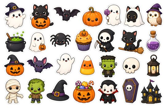 Halloween Stickers Assortment with Spooky Characters, Pumpkins, Ghosts, and Sweets Featuring Kawaii, Cute