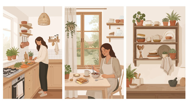 Woman preparing healthy vegetables and eating breakfast inside a cozy modern kitchen depicted through a flat aesthetic vector graphic illustration set