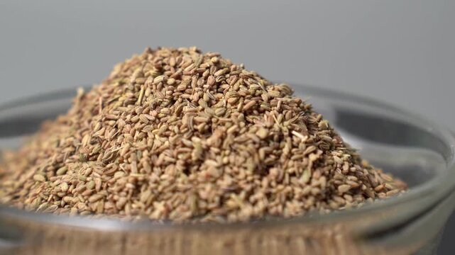 Close-up of Dried Brown Carom Seeds Ajwain in a Transparent Glass Bowl on a White Background, Rotate Video