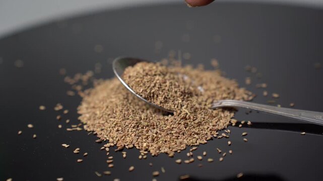 Close-up of a Hand Sprinkle of Carom Seeds (Trachyspermum ammi) on a Spoon and Dark Surface