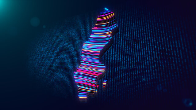 Abstract 3D extruded Sweden map formed by colorful flowing neon lines, glowing particles, and a blue digital dot grid, creating a vibrant futuristic technology background.
