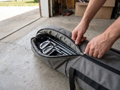 Person zipping up padded grey travel bag filled with metal golf clubs inside residential garage getting ready for sporting trip