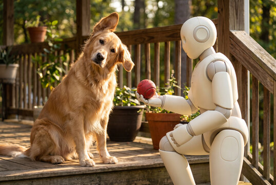 Canine and humanoid robot sharing a playful ball moment