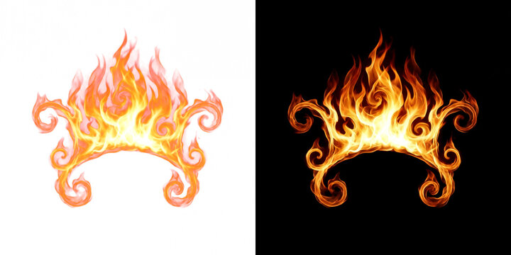 Blazing Heraldic Crest Shield with Filigree Scrollwork, Fire Overlay Isolated on Transparent Background