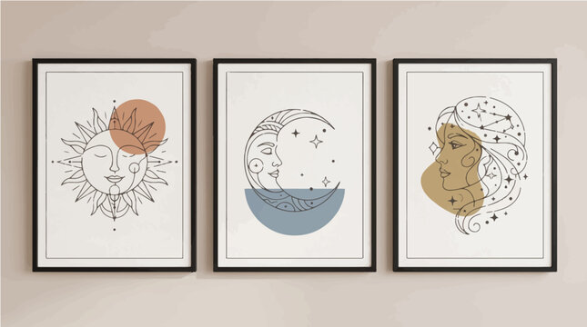 Minimalist celestial vector graphic art set featuring sun moon and female face line drawings displayed in simple black wooden frames