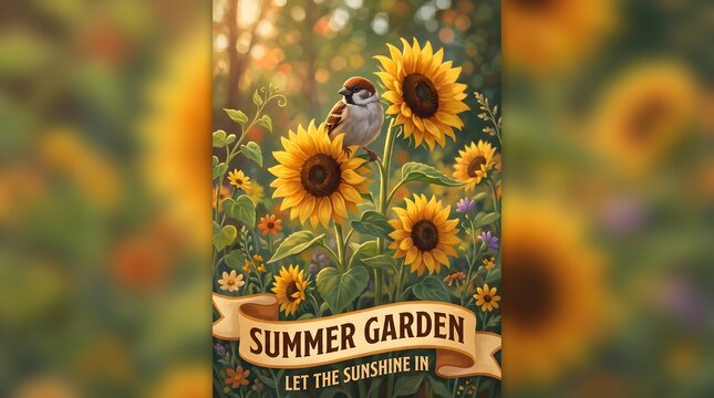 Summer Garden Postcard with Sparrow and Sunflowers, Rustic Floral Typography, Vintage Illustration for Greeting Cards, Nature Art Print with Motto Let The Sunshine In