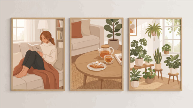 Minimalist vector illustration set featuring a cozy home interior with a woman reading a book and many green potted plants