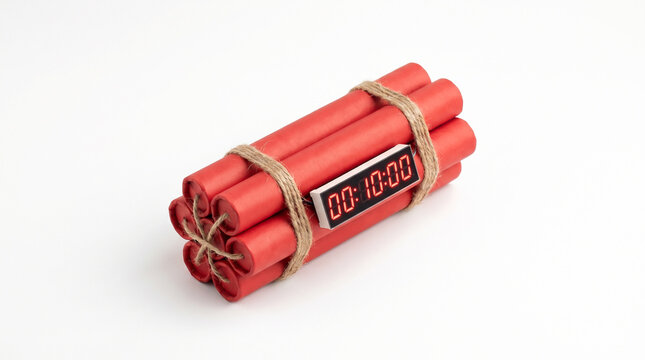 Bundle of Red Dynamite Sticks Tied with Twine and Digital Timer Showing Ten Minutes