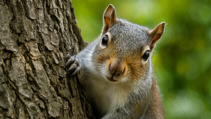 close up squirrel on a tree. Animal wildlife background cute  squirrel (sciurus vulgaris) looks cheeky out from behind tree trunk in forest in the natural environment on a sunny autumn morning © Luis