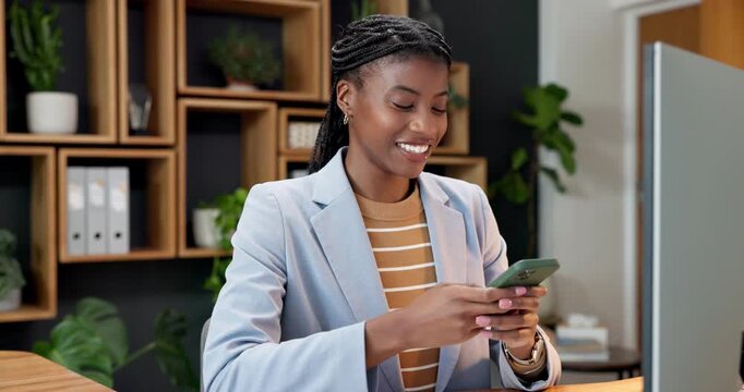 Woman, typing and laugh in office with phone, send funny text message and internet for social media. Happy, black person and break in workplace with tech, online meme and post joke in business chat.