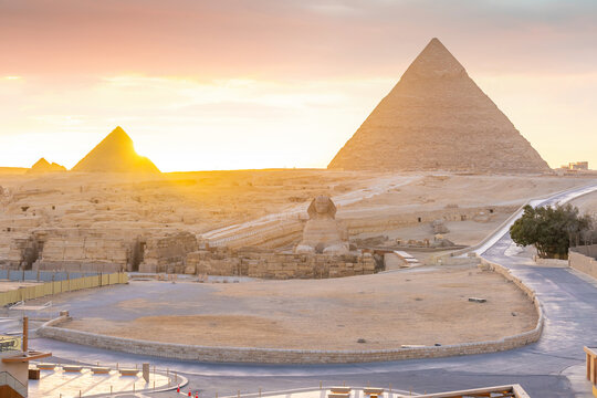The Great Sphinx and the iconic Pyramid of Khafre in the Giza desert landscape