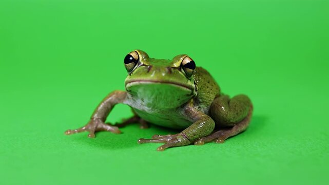 Two green frogs interacting on a vibrant green cyclorama with subtle lighting shifts