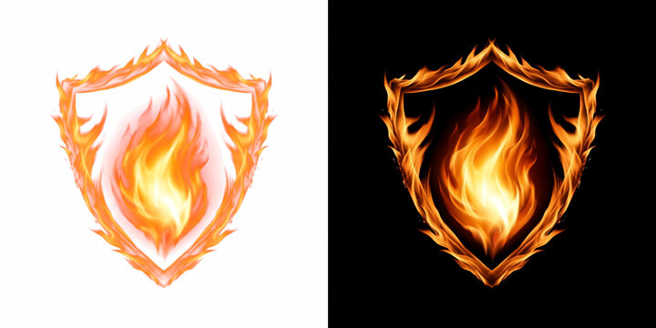 Blazing Heraldic Shield Shape in Flaming Outlines, Fire Overlay Isolated on Transparent Background