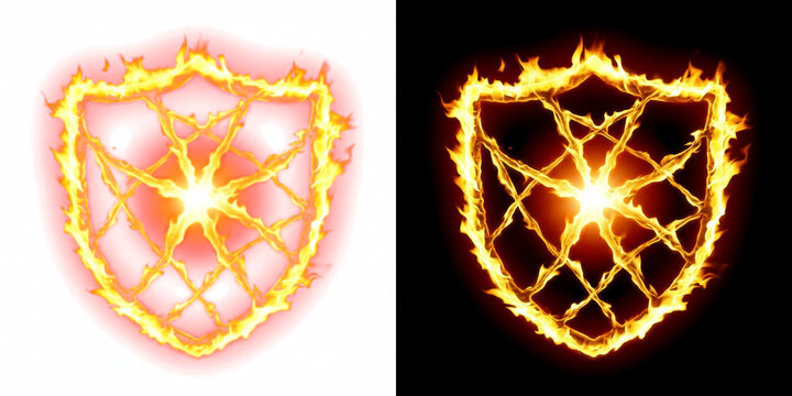 Molten Lava and Fire Heraldic Escutcheon Shield, Burning Effect Cutout with Real Transparency