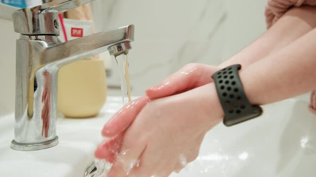 Close-up of adult hands rubbing and rinsing beneath steady chrome faucet stream, with soap lather, droplets, and smartwatch visible over white ceramic basin in clean domestic bathroom