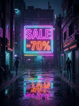 A cyberpunk city at night with a bright neon sign advertising a 70 percent off sale. The "Night Sale" concept