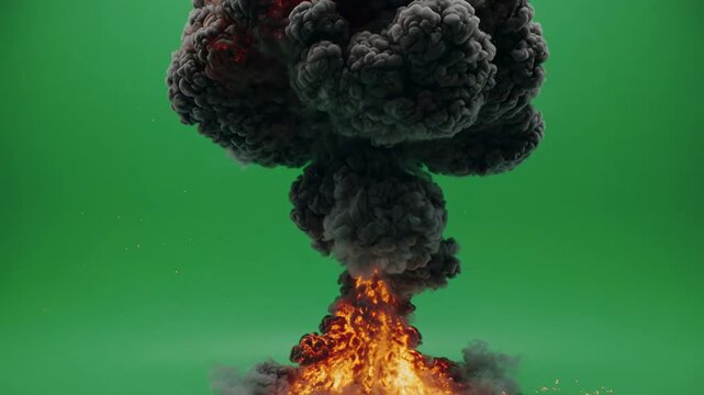 Massive nuclear explosion mushroom cloud with orange flames and black smoke against a green screen background