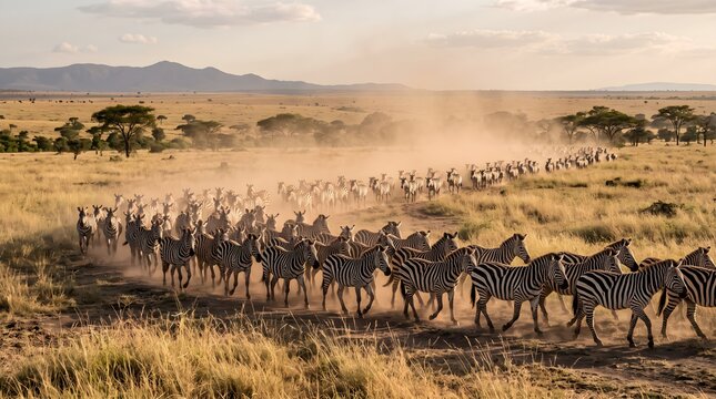 Large herd of zebras crossing dry dusty savanna landscape.