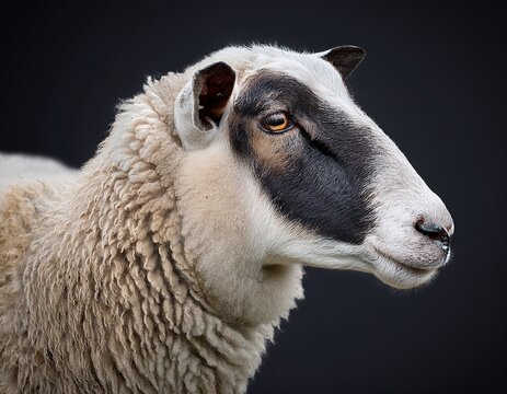 sheep with fluffy white wool and a dark face stands in a simple profile pose against a plain background