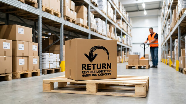 Cardboard box with return label on pallet in warehouse with worker in background