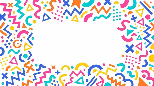 Colorful Memphis style geometric frame with playful shapes on white background