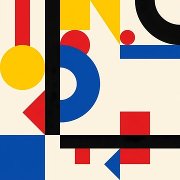 Bauhaus geometric composition with primary color circles, squares and bars