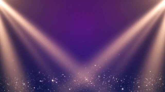 Bright stage spotlights shining down on empty floor with glowing dust particles in dark purple background for event