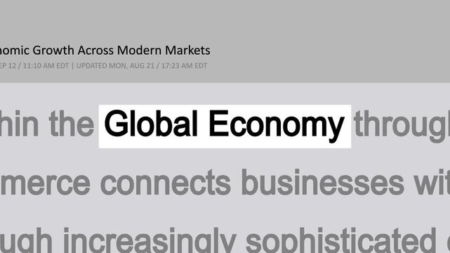 Global economy news background featuring changing headlines, financial articles, editorial layouts, and dynamic typography for business and economic media projects.