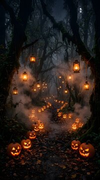 Dark enchanted forest with glowing lanterns, pumpkins and swirling mist, mysterious Halloween fantasy scene, ultra realistic, no text, no logo, no watermark